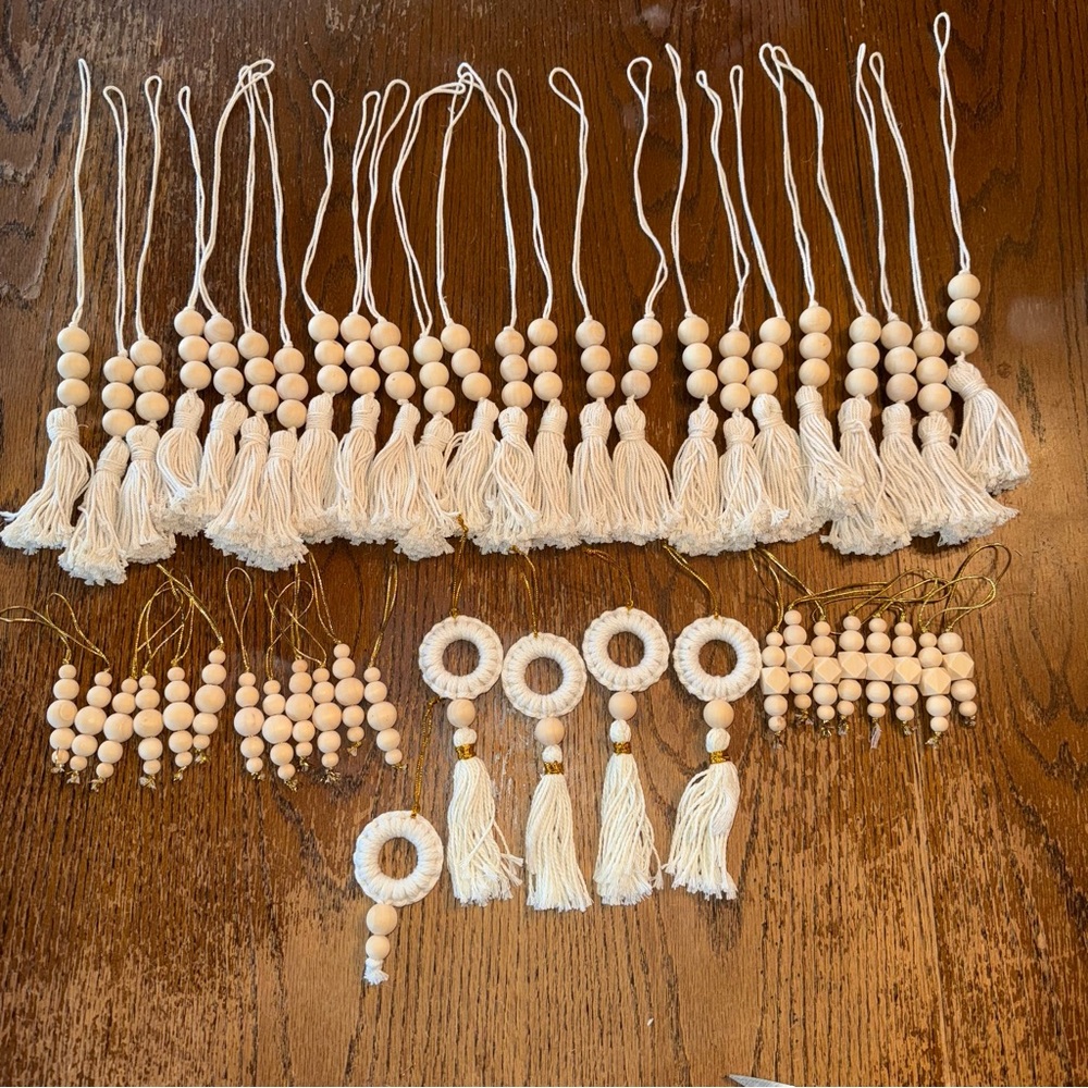 Handmade Wood Bead Hanging Decor with Tassels Set Of 49 Varies Sizes Boho Xmas